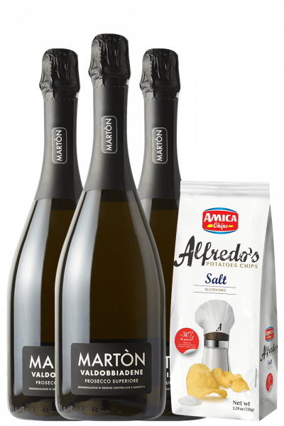 3 Bottiglie Valdobbiadene Prosecco Superiore DOCG Extra Dry Martòn + Amica Chips Sale Marino Alfredo's 3 x 150gr