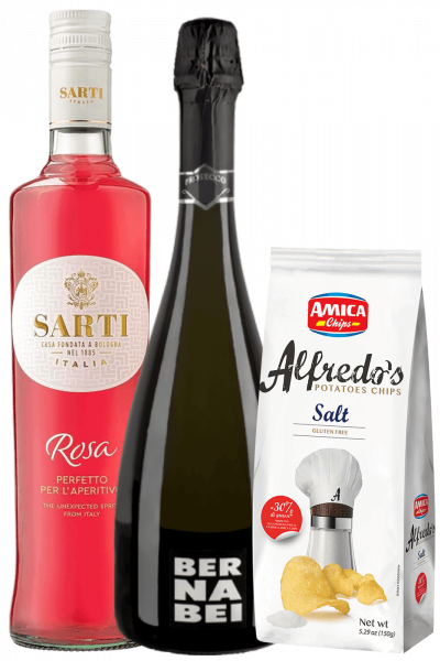 Aperitivo Sarti Rosa 70cl + Prosecco DOC Bernabei + Amica Chips Alfredo's Sale Marino 3x150gr