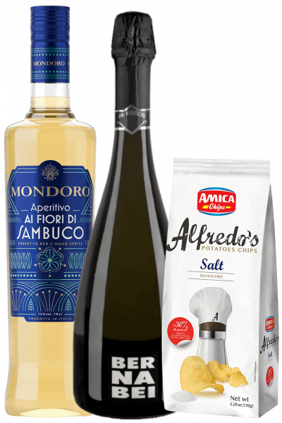 Aperitivo Mondoro Ai Fiori Di Sambuco 70cl + Prosecco DOC Bernabei + Amica Chips Alfredo's Sale Marino 3x150gr