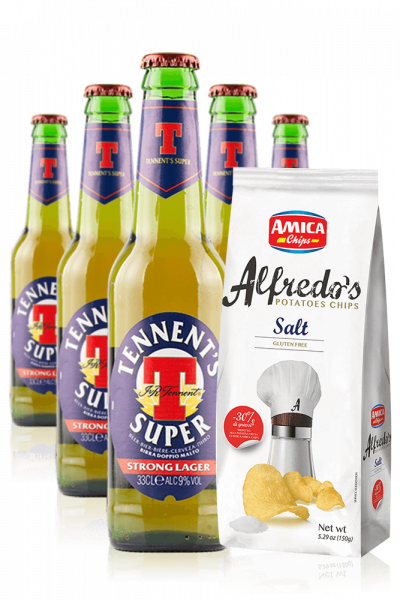 Tennent's Super da 24 x 33cl + Amica Chips Sale Marino Alfredo's 3 x 150gr