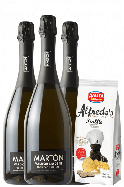 3 Bottiglie Valdobbiadene Prosecco Superiore DOCG Extra Dry Martòn + Amica Chips Tartufo Alfredo's 3 x 100gr