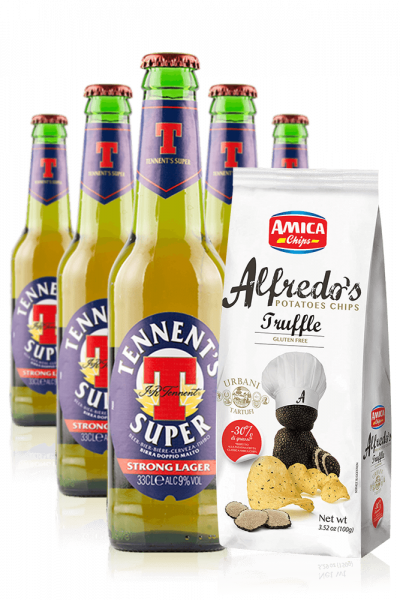 Tennent's Super da 24 x 33cl + Amica Chips Tartufo Alfredo's 3 x 100gr