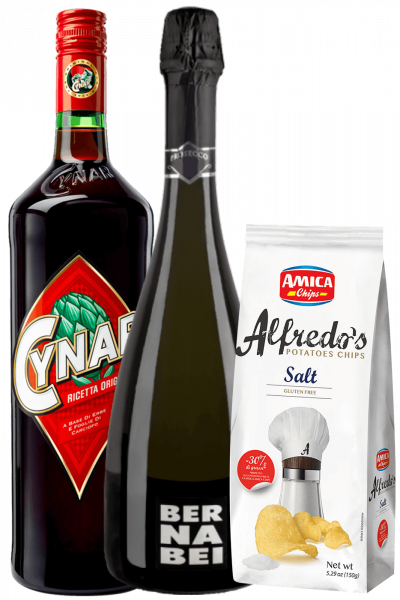 Amaro Cynar 70cl + Prosecco DOC Bernabei + Amica Chips Alfredo's Sale Marino 3x150gr