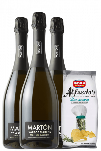 3 Bottiglie Valdobbiadene Prosecco Superiore DOCG Extra Dry Martòn + Amica Chips Rosmarino Alfredo's 3 x 130gr
