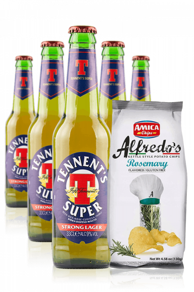 Tennent's Super da 24 x 33cl + Amica Chips Rosmarino Alfredo's 3 x 130gr