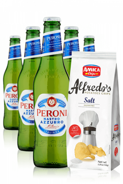 Peroni Nastro Azzurro da 24 x 33cl + Amica Chips Sale Marino Alfredo’s 3 x 150 gr