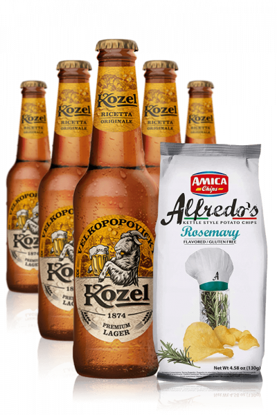 Kozel Premium Lager da 24 x 33cl + Amica Chips Rosmarino Alfredo’s 3 x 130 gr
