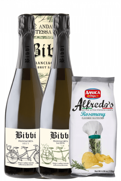 Franciacorta Bibbi Brut 2020 + Satèn 2018 (Ast.) + Amica Chips Rosmarino Alfredo's 3 x 130gr