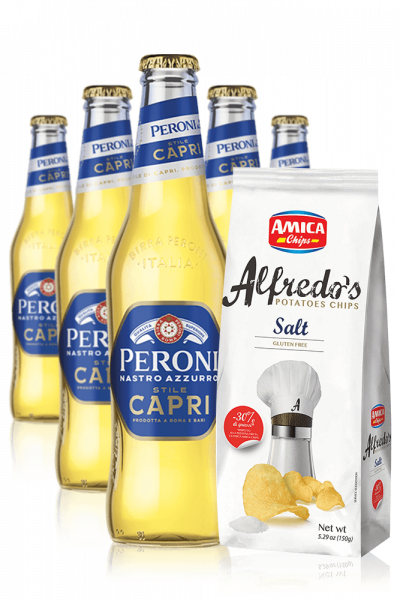 Peroni Nastro Azzurro Stile Capri da 24 x 33cl + Amica Chips Sale Marino Alfredo’s 3 x 150