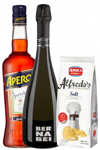 Aperitivo Aperol 1Litro + Prosecco DOC 2022 Bernabei + Amica Chips Sale Marino Alfredo's 3 x 150gr