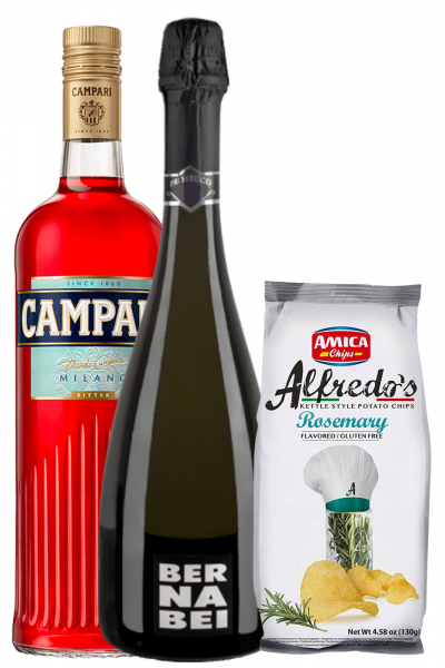 Bitter Campari 1Litro + Prosecco DOC 2022 Bernabei + Amica Chips Rosmarino Alfredo's 3 x 130gr