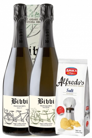 Franciacorta Bibbi Brut 2020 + Satèn 2018 (Ast.) + Amica Chips Sale Marino Alfredo's 3 x 150gr