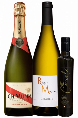 Mumm Cordon Rouge + Olio EVO Bio Carolè 2025 MisterEvo + Chablis Begue-Mathiot 2024