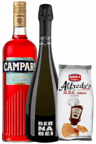 Bitter Campari 1Litro + Prosecco DOC 2022 Bernabei + Amica Chips Rosmarino Alfredo's 3 x 130gr